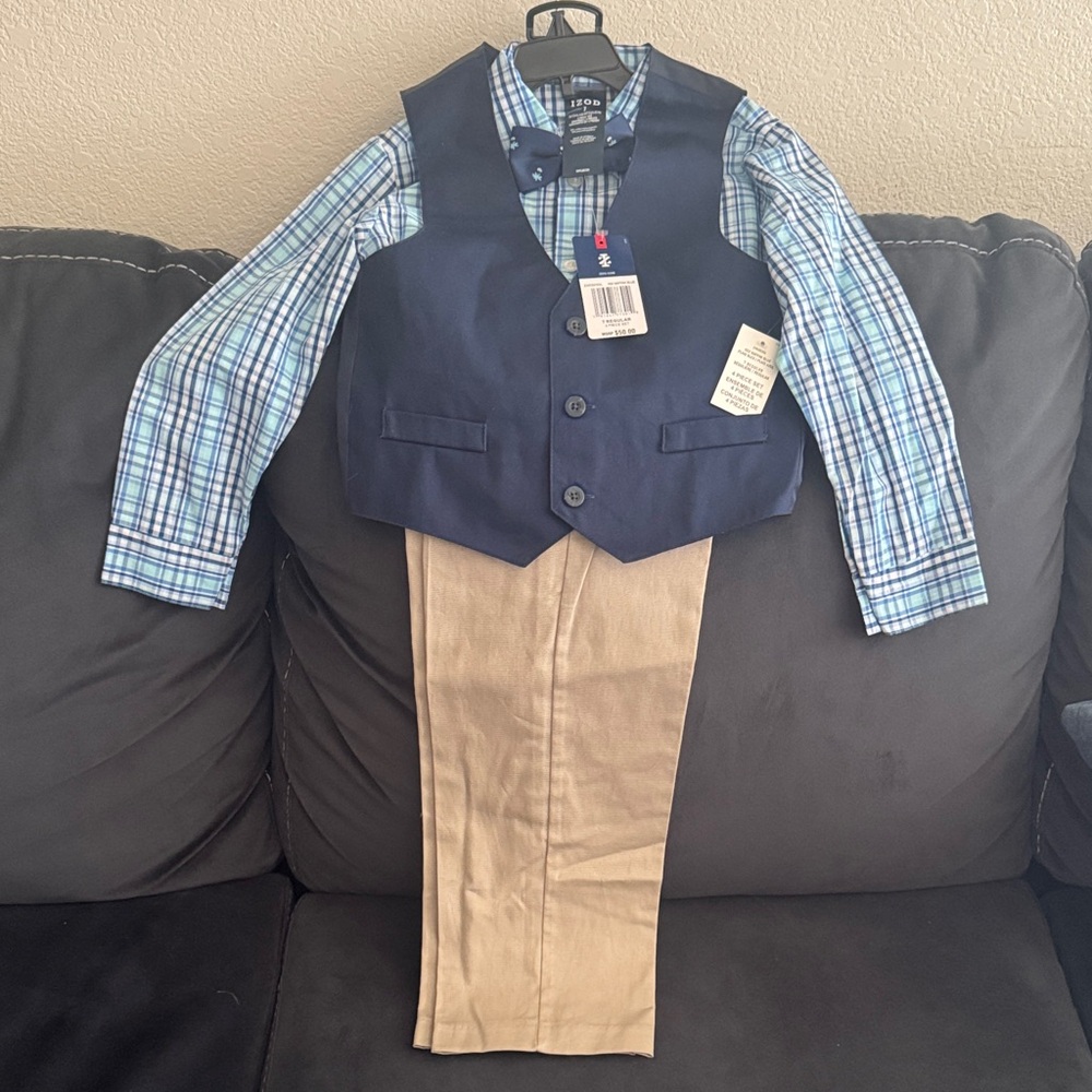 Izod Navy Vest with Blue Plaid Shirt and Bow Tie Set